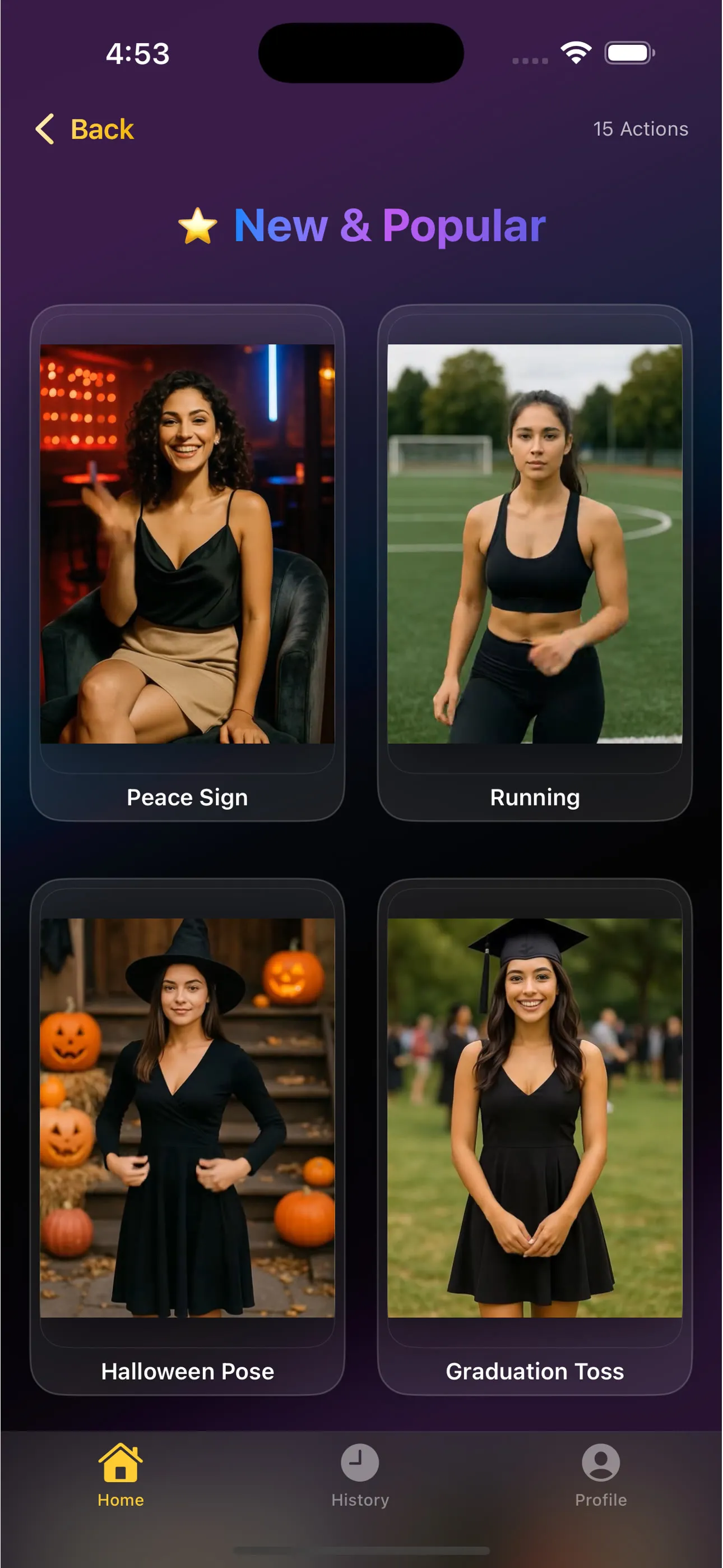The AI Video app showing its New and Popular row: Peace Sign, Running, Halloween Pose and Graduation Toss, each with a preview still