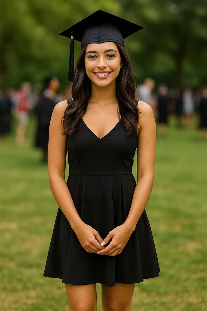 A graduate in cap and gown on a lawn, one of the preview stills the app ships